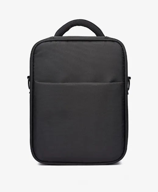 Black men's oxford fabric messenger shoulder bag showing its size and style.