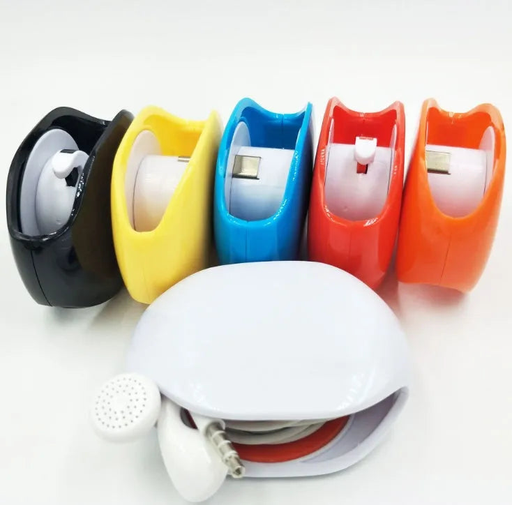 Automatic earphone cable winder retractor in various colours on a white background.
