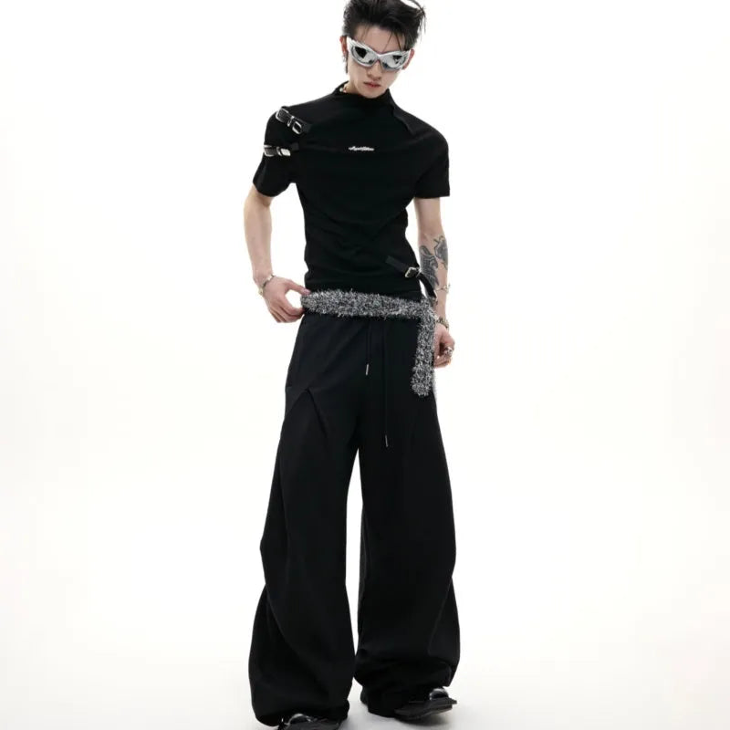 Men's black slim fit cotton T-shirt with a small stand-up collar and decorative metal belt stitching design.