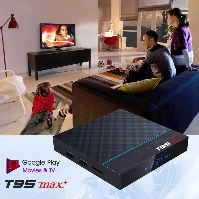 Black T95 Max Plus Android TV box with remote control, showing choice of UK, US, and EU plug options.
