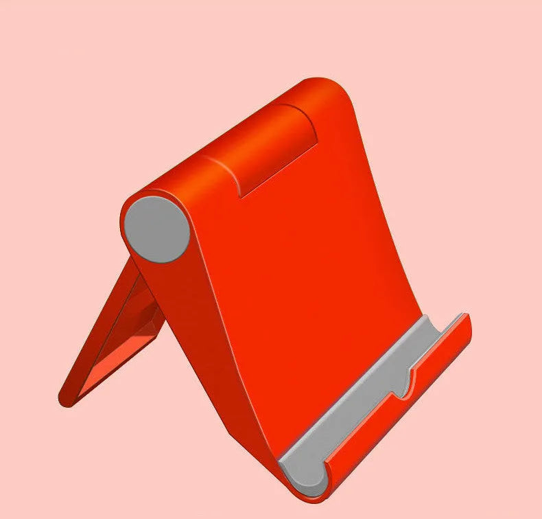 Black PE folding mobile phone and tablet stand on a wooden desktop, shown in an open, angled position.