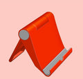 Black PE folding mobile phone and tablet stand on a wooden desktop, shown in an open, angled position.