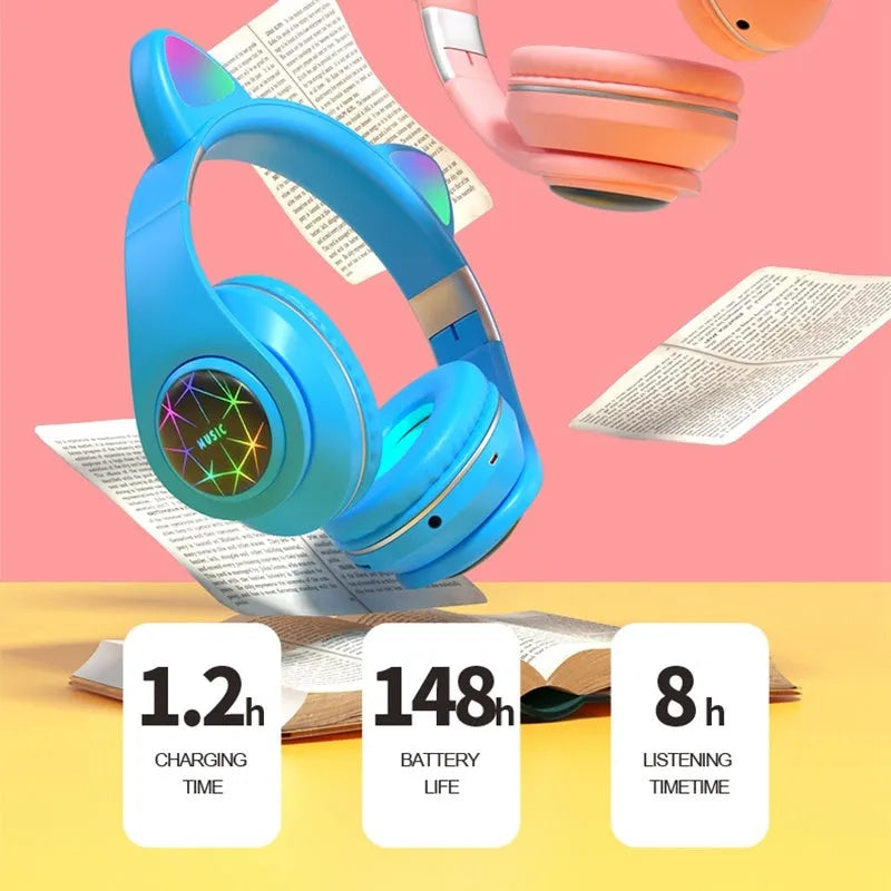 Cat ear style wireless Bluetooth sports headset in black, blue, green, pink, white, or yellow colour.