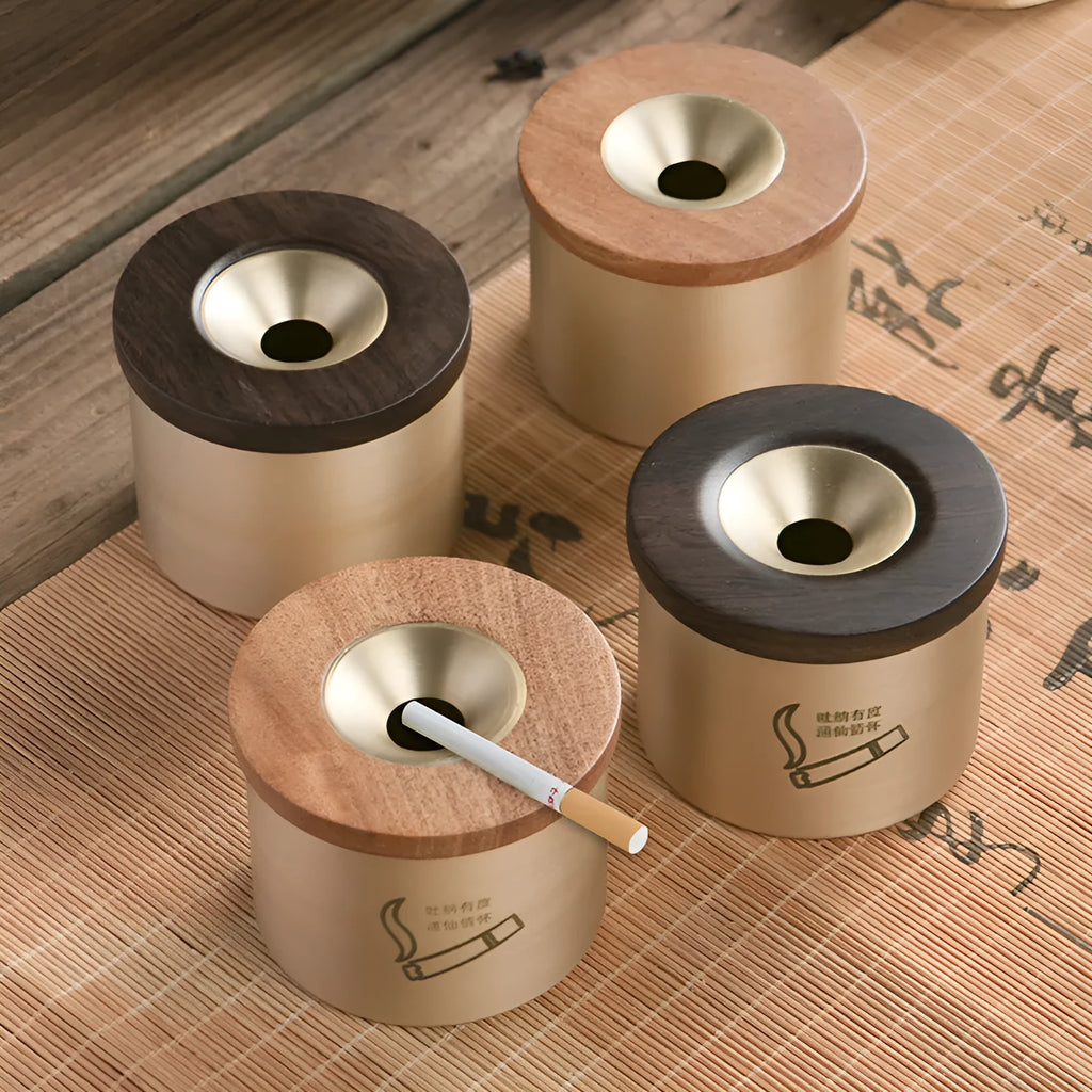Retro solid copper ashtray with a wooden lid showing the centre hole.