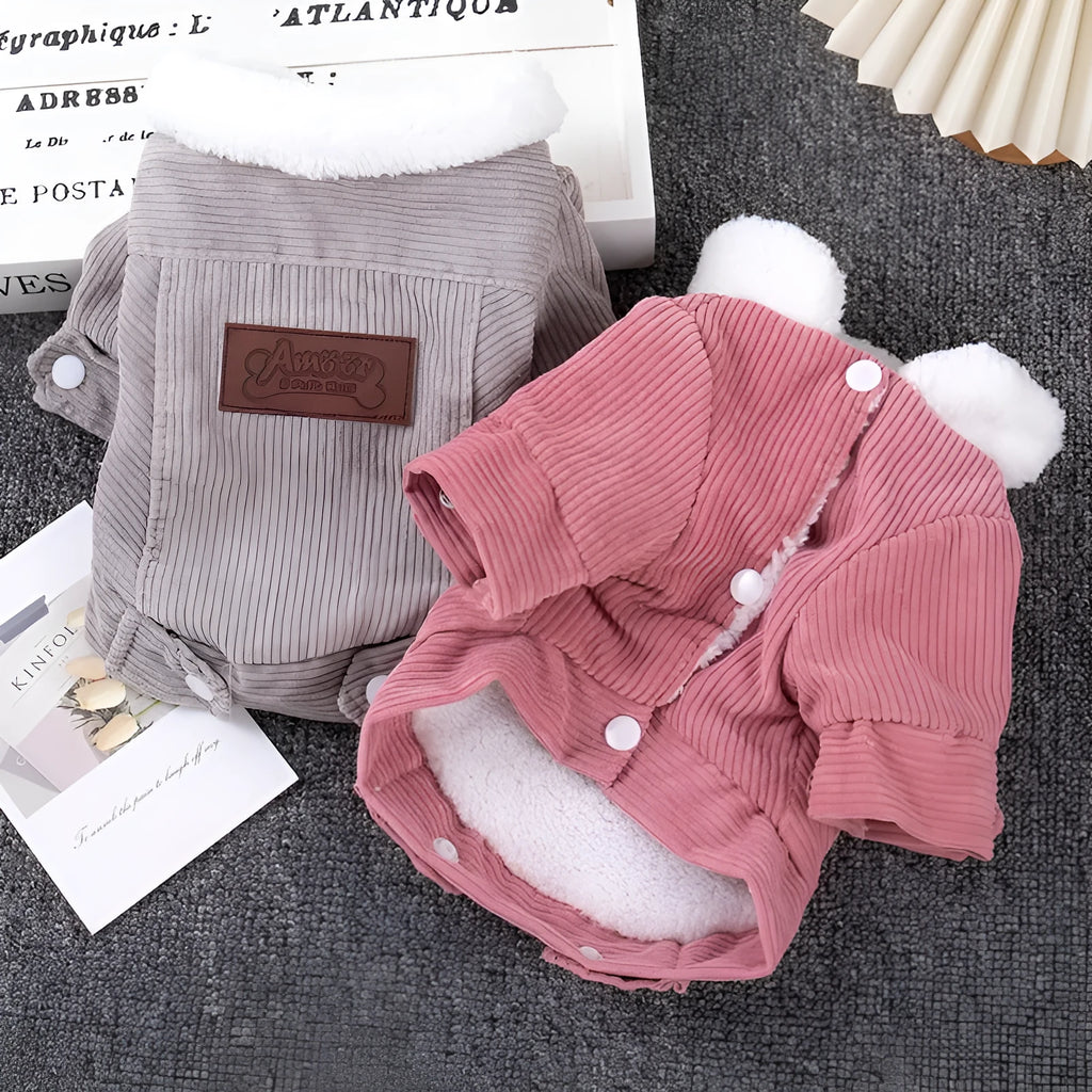 Dog wearing grey lambswool fleece-lined vest for autumn and winter warmth keeping