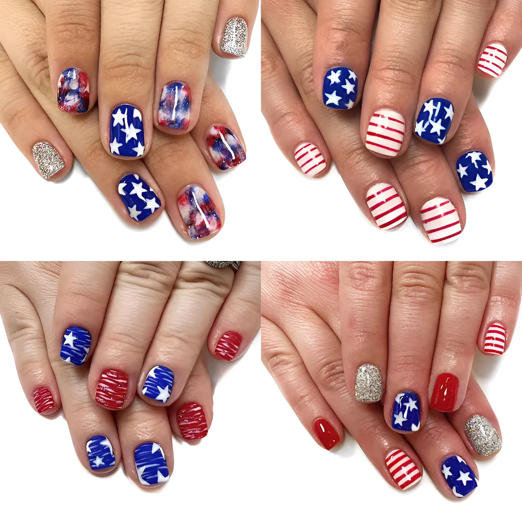 Red and blue glitter artificial nail tips with short European square shape.