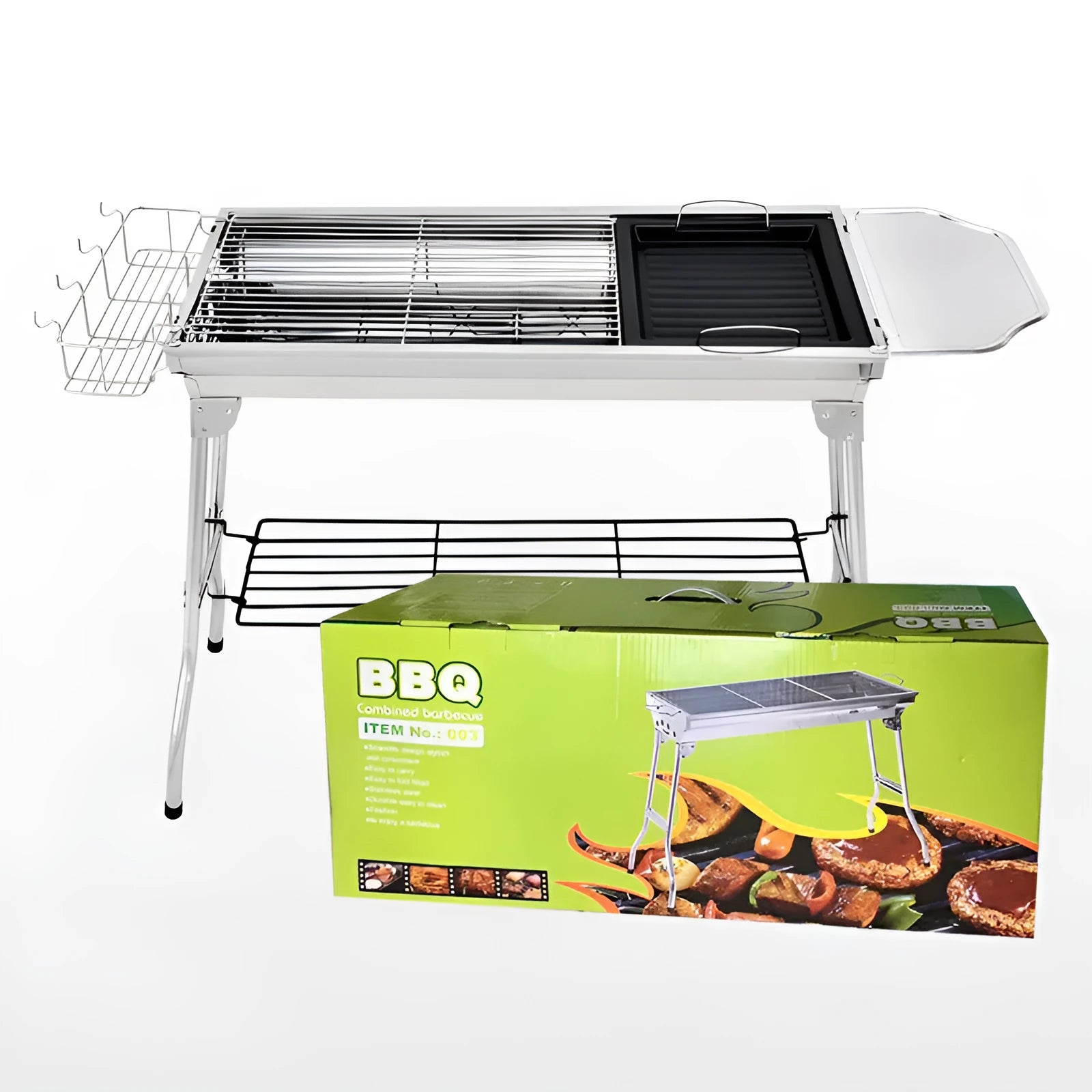 Large stainless steel portable folding barbecue oven set up outdoors.
