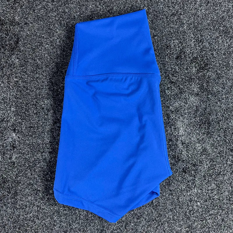 Ladies high-waist yoga shorts in moisture-wicking nylon fabric, shown in various colours