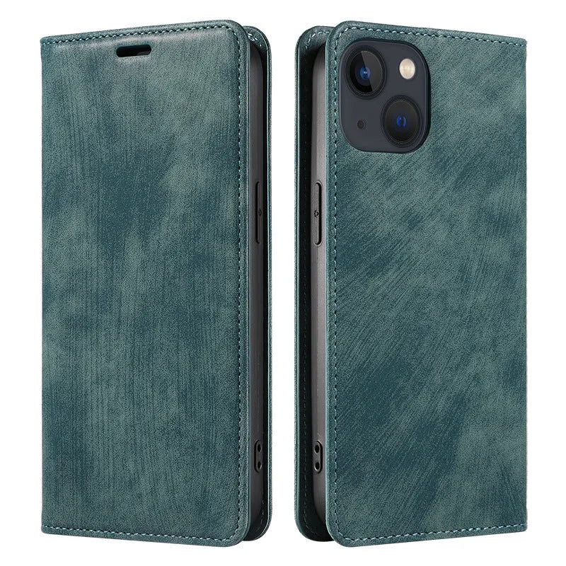 Magnetic flip phone case for iPhone in a choice of colours showing leather cover and TPU body.