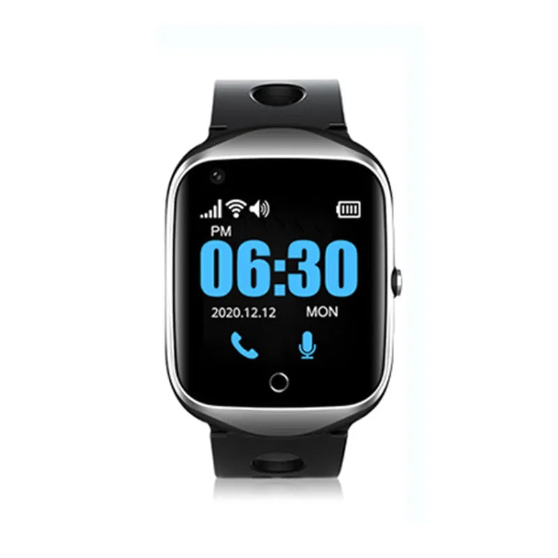Square smartwatch for elderly with GPS tracking and SOS button in black, blue, or silver colour options