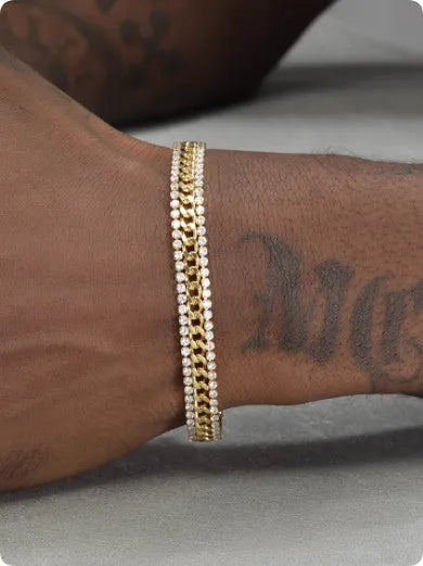 Gold plated tennis bracelet with stone inlay details on titanium steel base for unisex wear