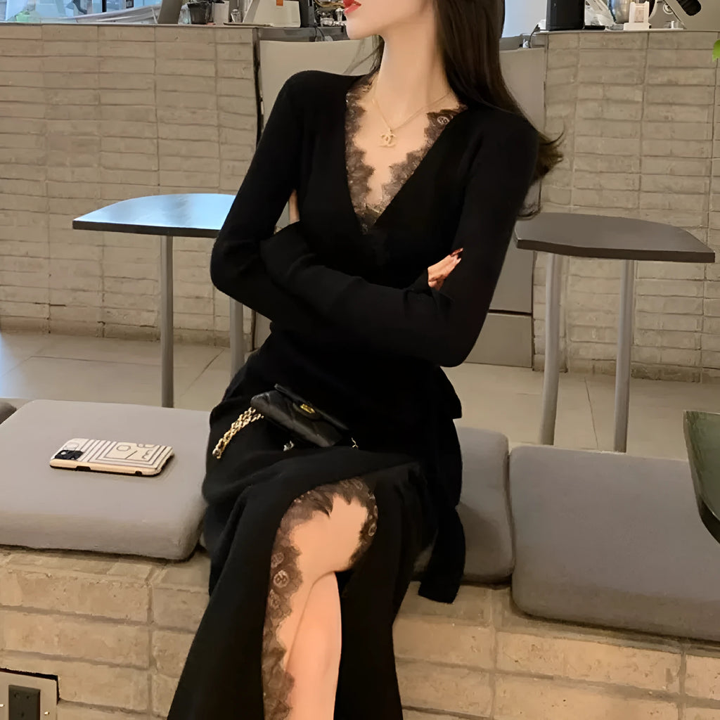 Black women's slim fit woolen skirt with princess dress style cut