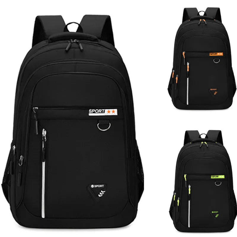 Men's Oxford cloth schoolbag in black with letter pattern detailing showing 20-35L capacity and burden reduction system