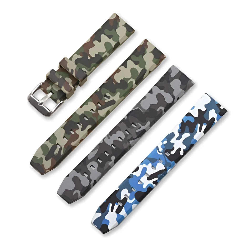 Green camouflage silicone watch strap with flat head design showing 20mm width and adjustable length