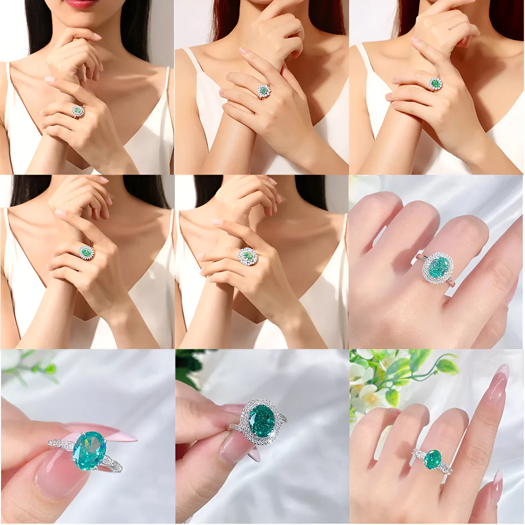 Geometric S925 silver ring with an oval Palaibahao stone and diamond inlay on a model's finger.