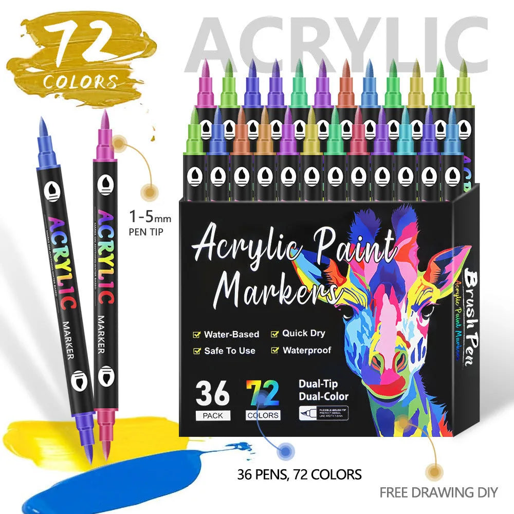 Set of double-headed acrylic marker pens with quick-drying washable opaque colours