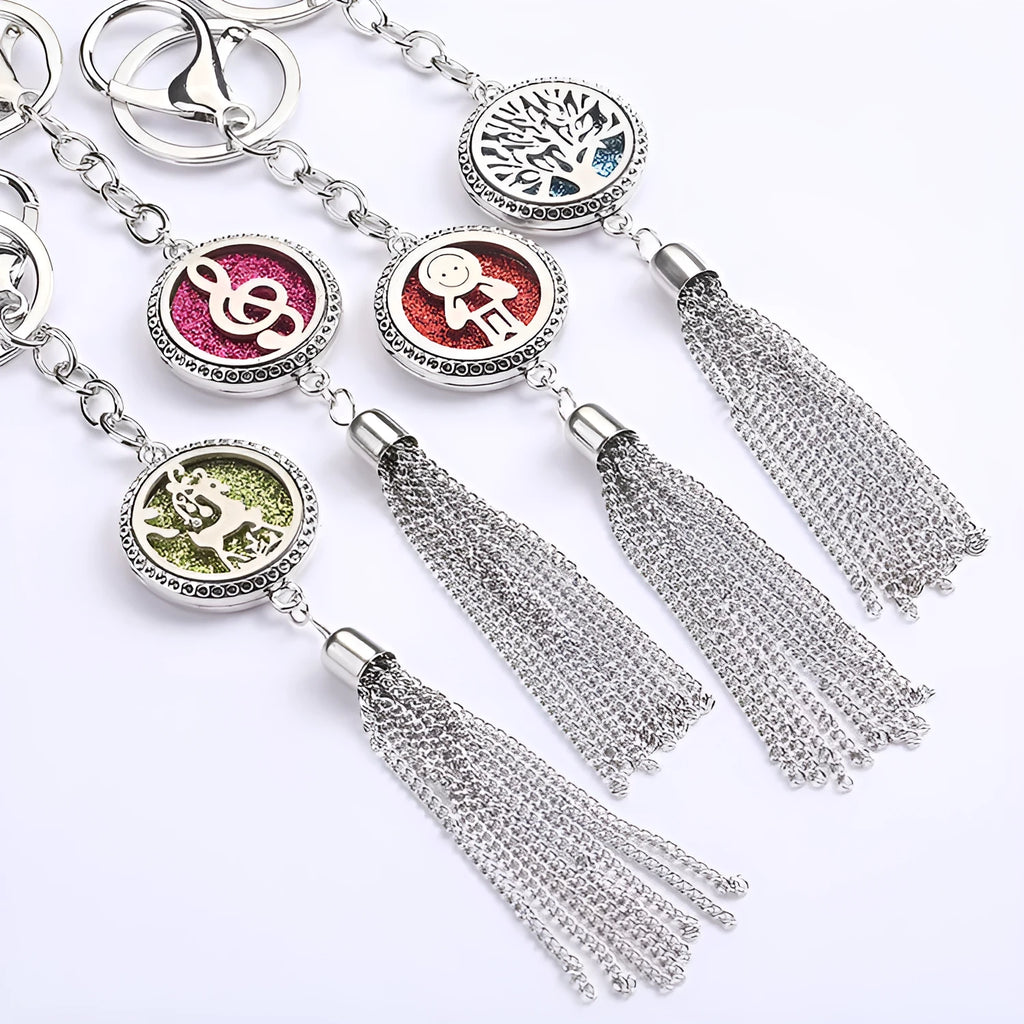 Silver alloy tassel car fragrance pendant hanging on a 50cm chain with colourful scented cotton pieces