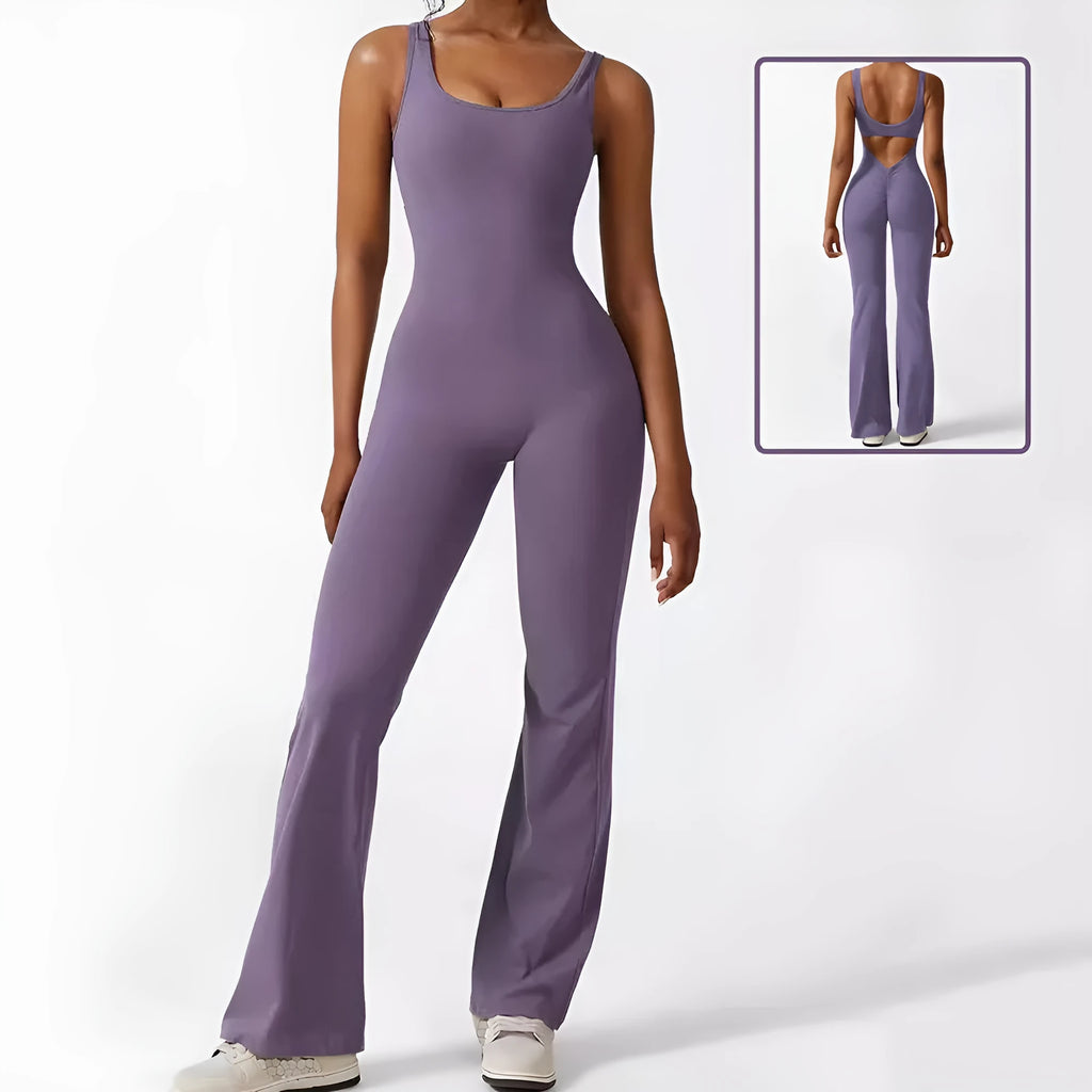 Women's sleeveless flare jumpsuit for yoga and fitness in thin polyester fabric