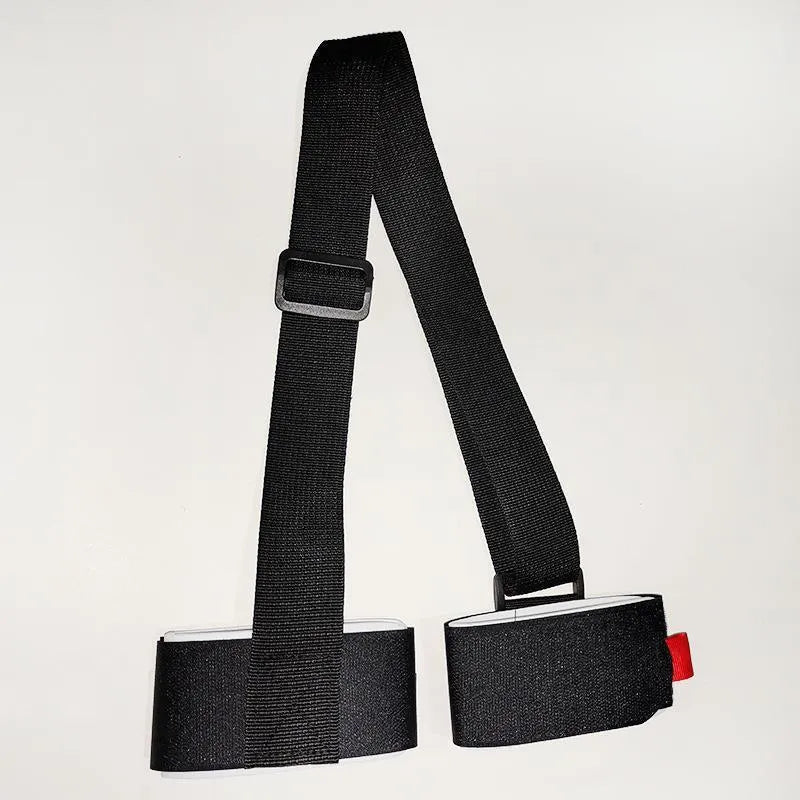 Adjustable skiing bandage strap with hook and loop closure for double board transport