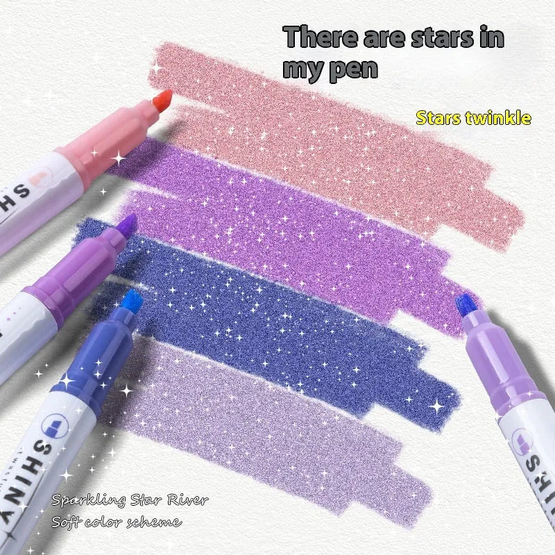 Sparkling Star River highlighter pens with glitter ink in plastic shells, 136mm length with slanted 4mm tips