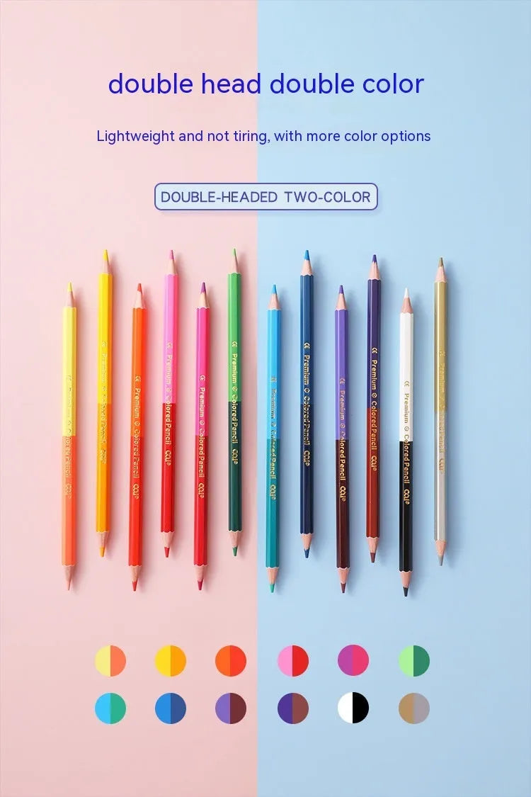 Set of 12 wooden double-tipped colour pencils showing 24 different colour leads for art and drawing