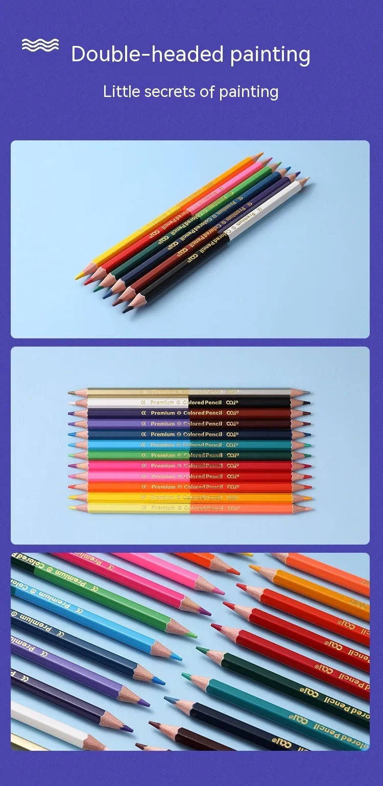 Set of 12 wooden double-tipped colour pencils showing 24 different colour leads for art and drawing