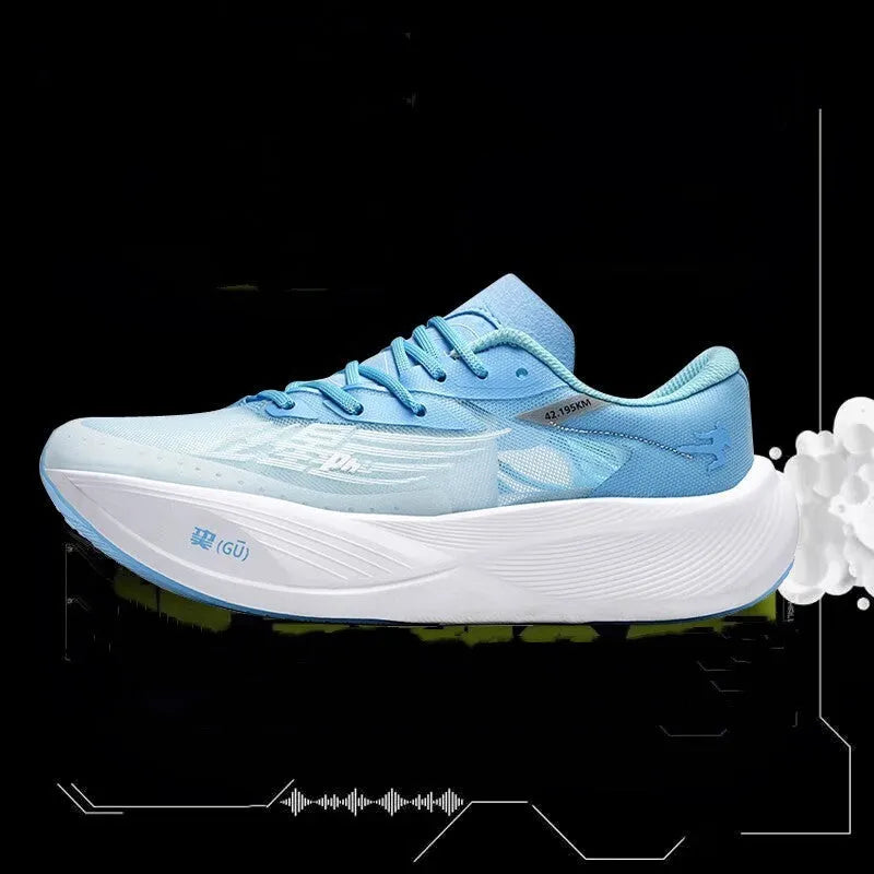 Low-top racing sneakers with carbon plate, colour options Glacier, pink green, red blue, yellow on a natural rubber sole.