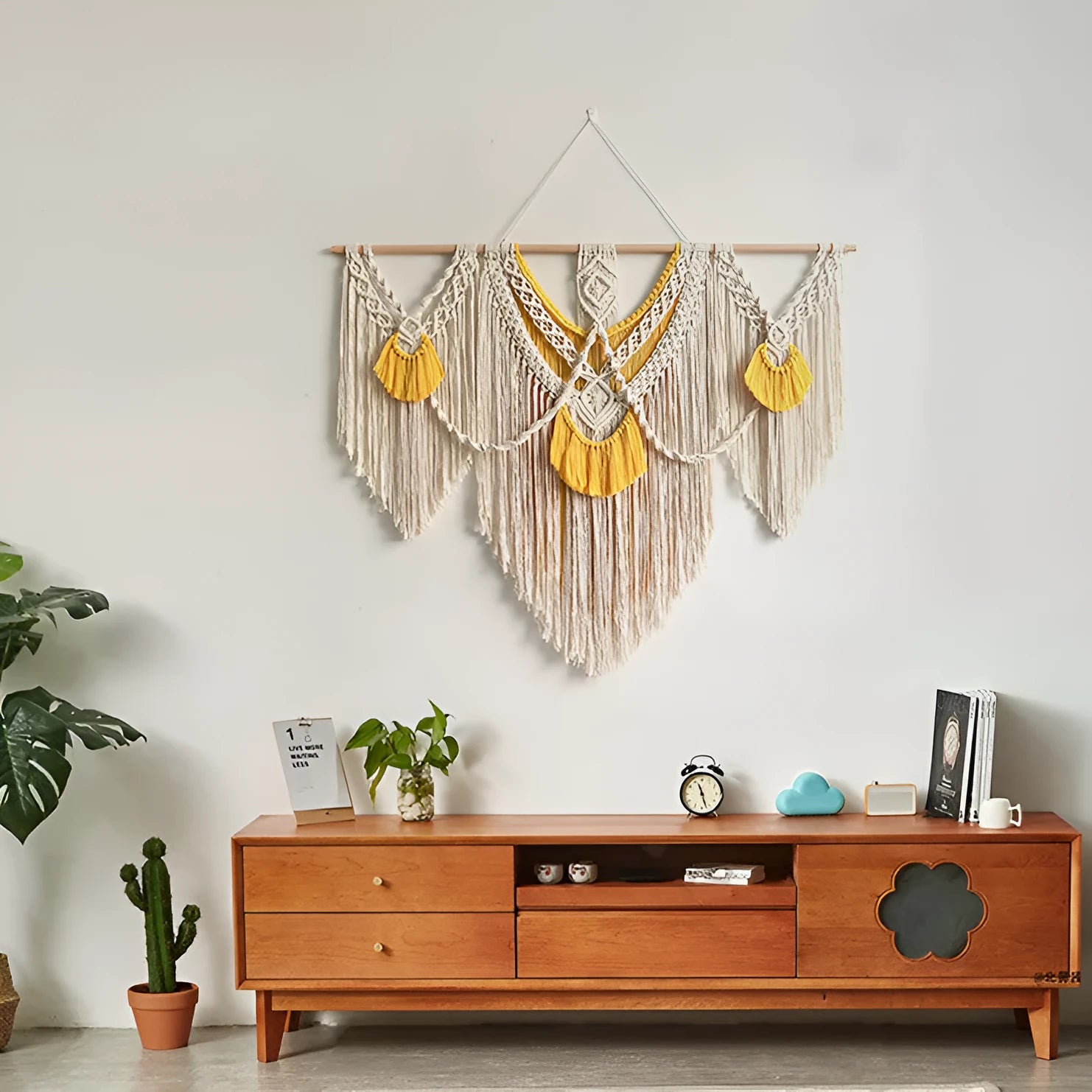 Nordic style creamy white cotton tapestry wall hanging 120x95cm rectangle hand-made weaving