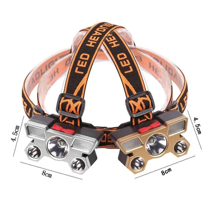 Super bright 10W LED miner's headlamp with PVC housing and adjustable head strap on a coloured box.