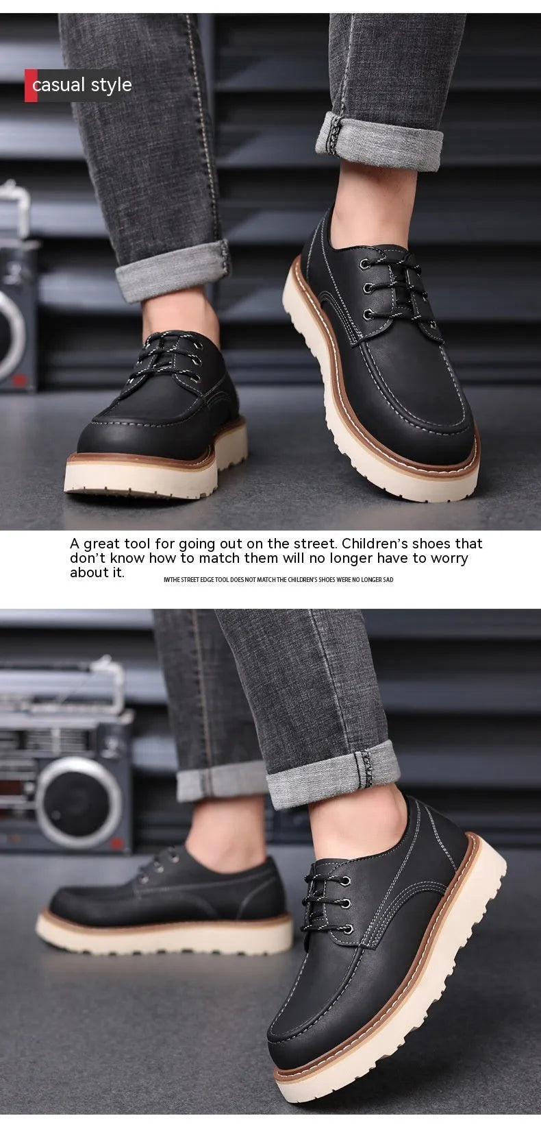 Men's black low top Martin boots with round toe and non-slip rubber sole on a neutral background.