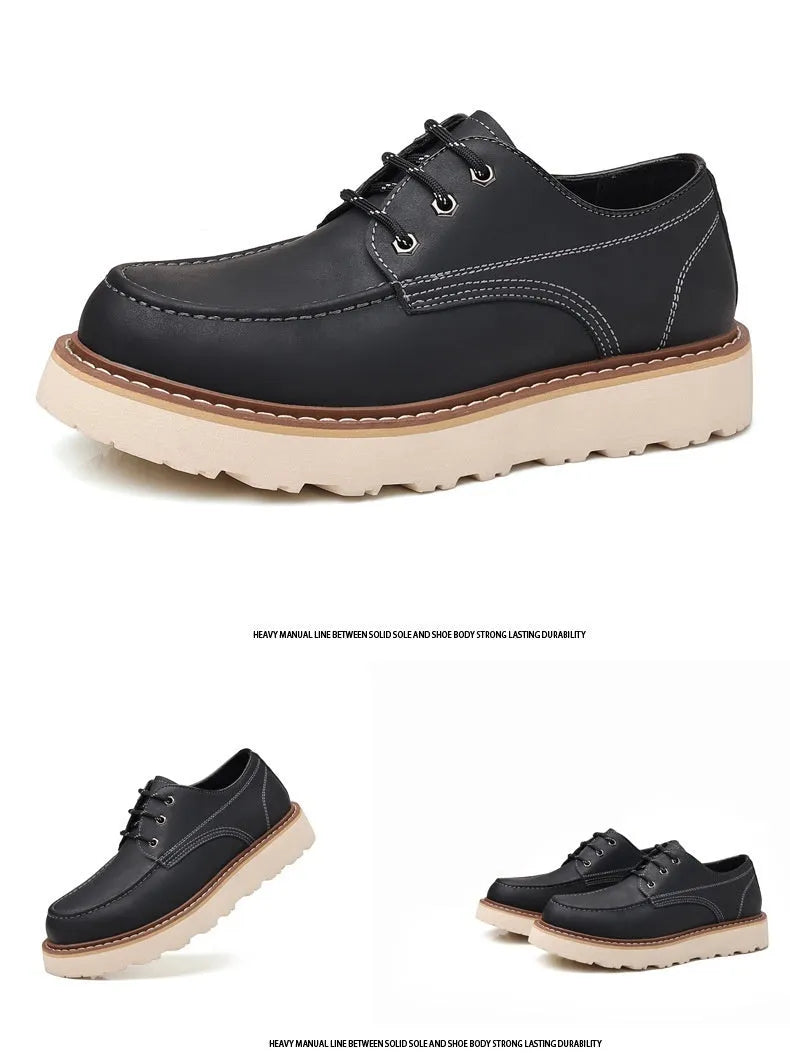 Men's black low top Martin boots with round toe and non-slip rubber sole on a neutral background.