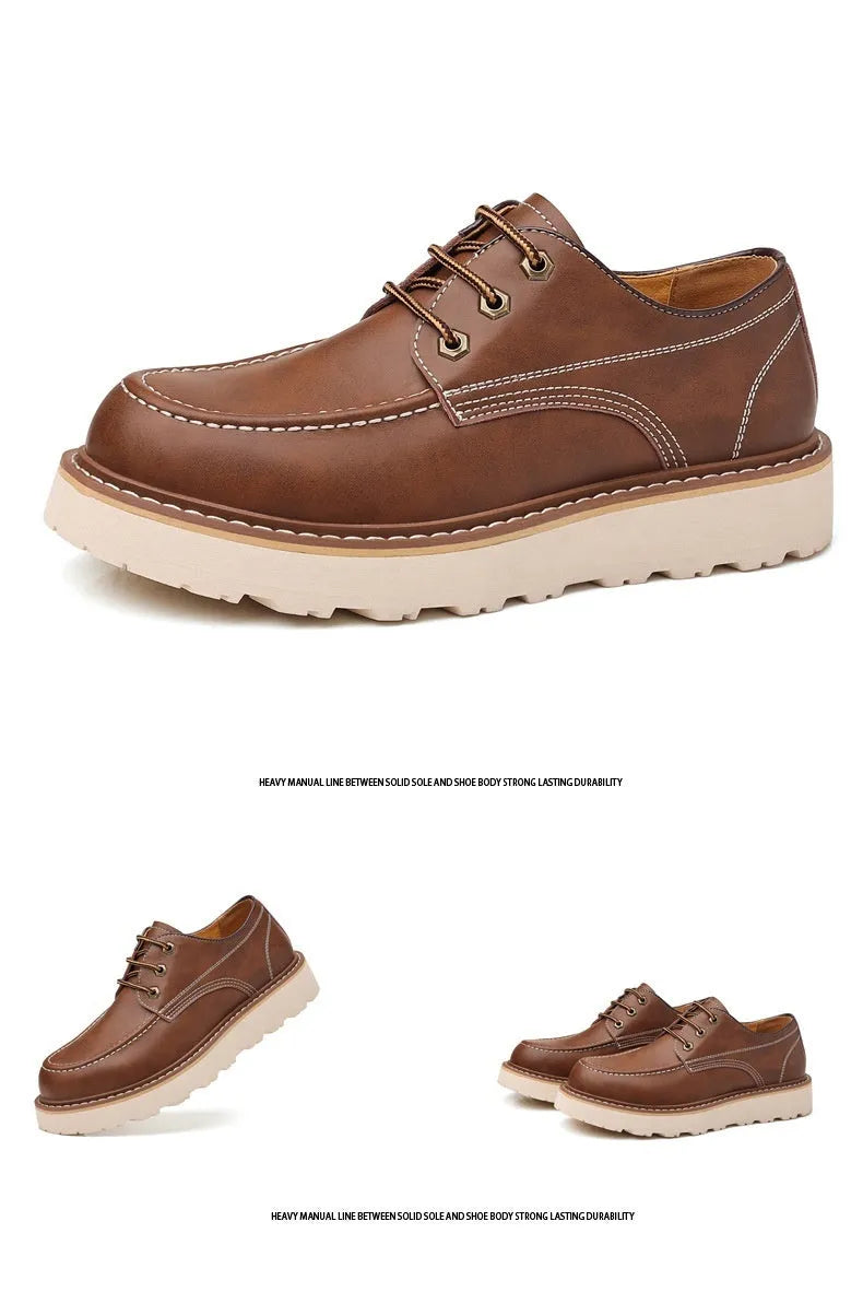 Men's black low top Martin boots with round toe and non-slip rubber sole on a neutral background.