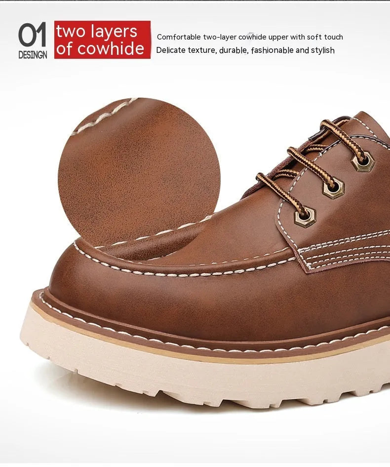 Men's black low top Martin boots with round toe and non-slip rubber sole on a neutral background.