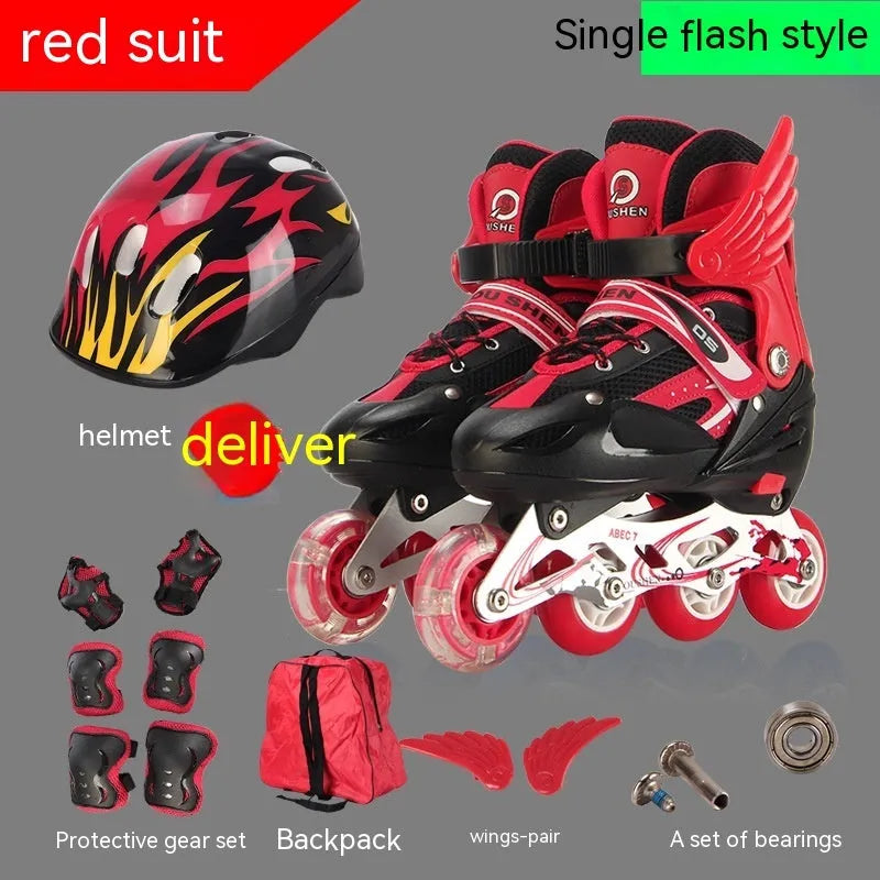 Adjustable PU children's inline skates with aluminium frame, foam wheels, and matching protective gear set in various colours.
