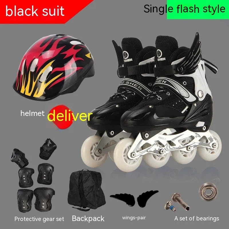Adjustable PU children's inline skates with aluminium frame, foam wheels, and matching protective gear set in various colours.