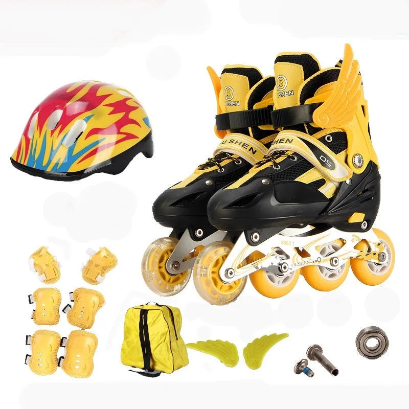 Adjustable PU children's inline skates with aluminium frame, foam wheels, and matching protective gear set in various colours.
