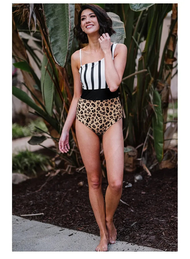 Leopard print women's one-piece swimsuit with asymmetric collar and high waist triangle briefs