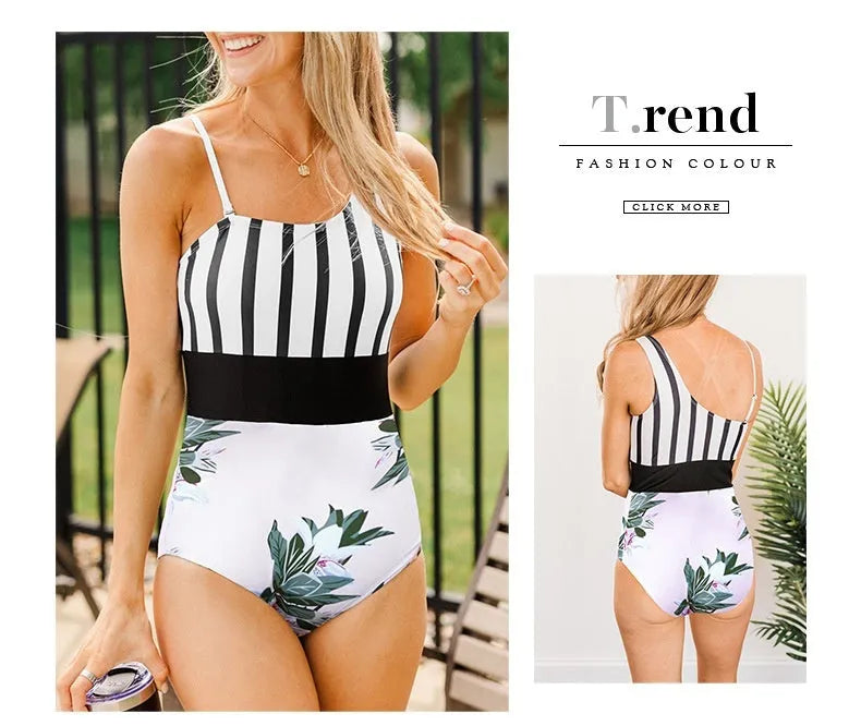 Leopard print women's one-piece swimsuit with asymmetric collar and high waist triangle briefs