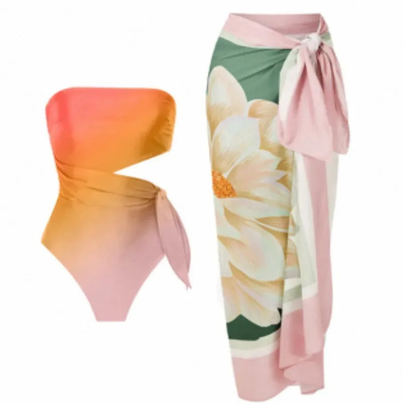 Women's French-style retro print one-piece swimsuit in polyester fabric