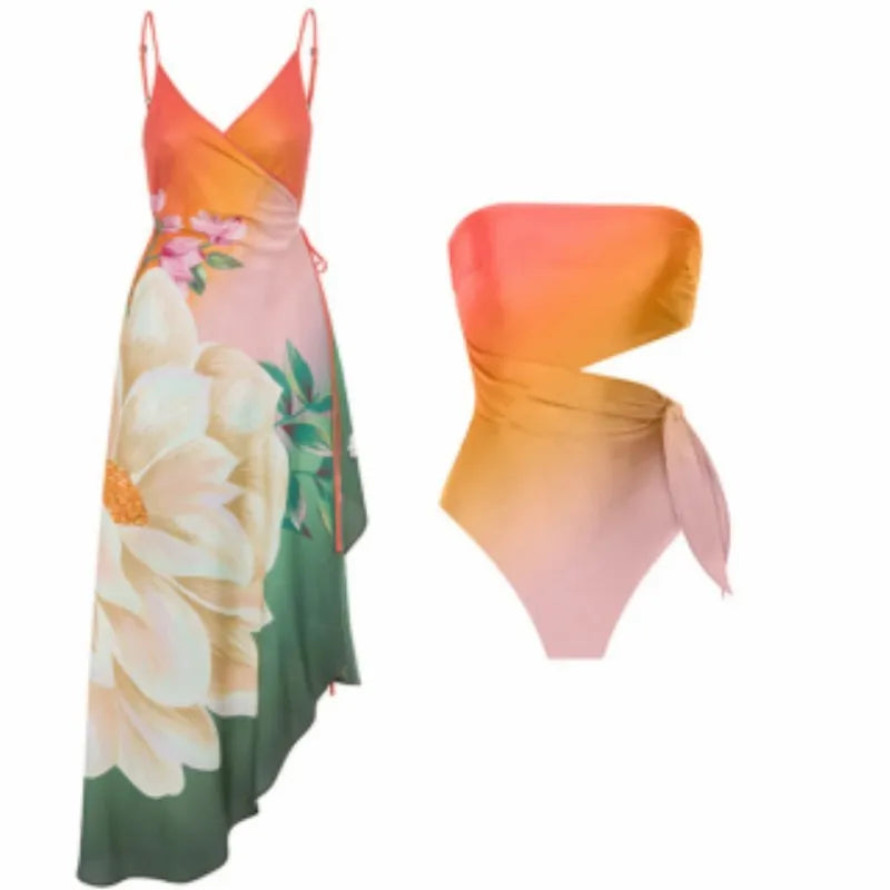 Women's French-style retro print one-piece swimsuit in polyester fabric