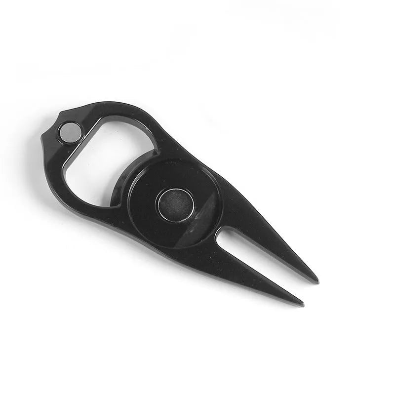 Zinc alloy golf ball yoke and bottle opener tool in black, green, or silver finish.