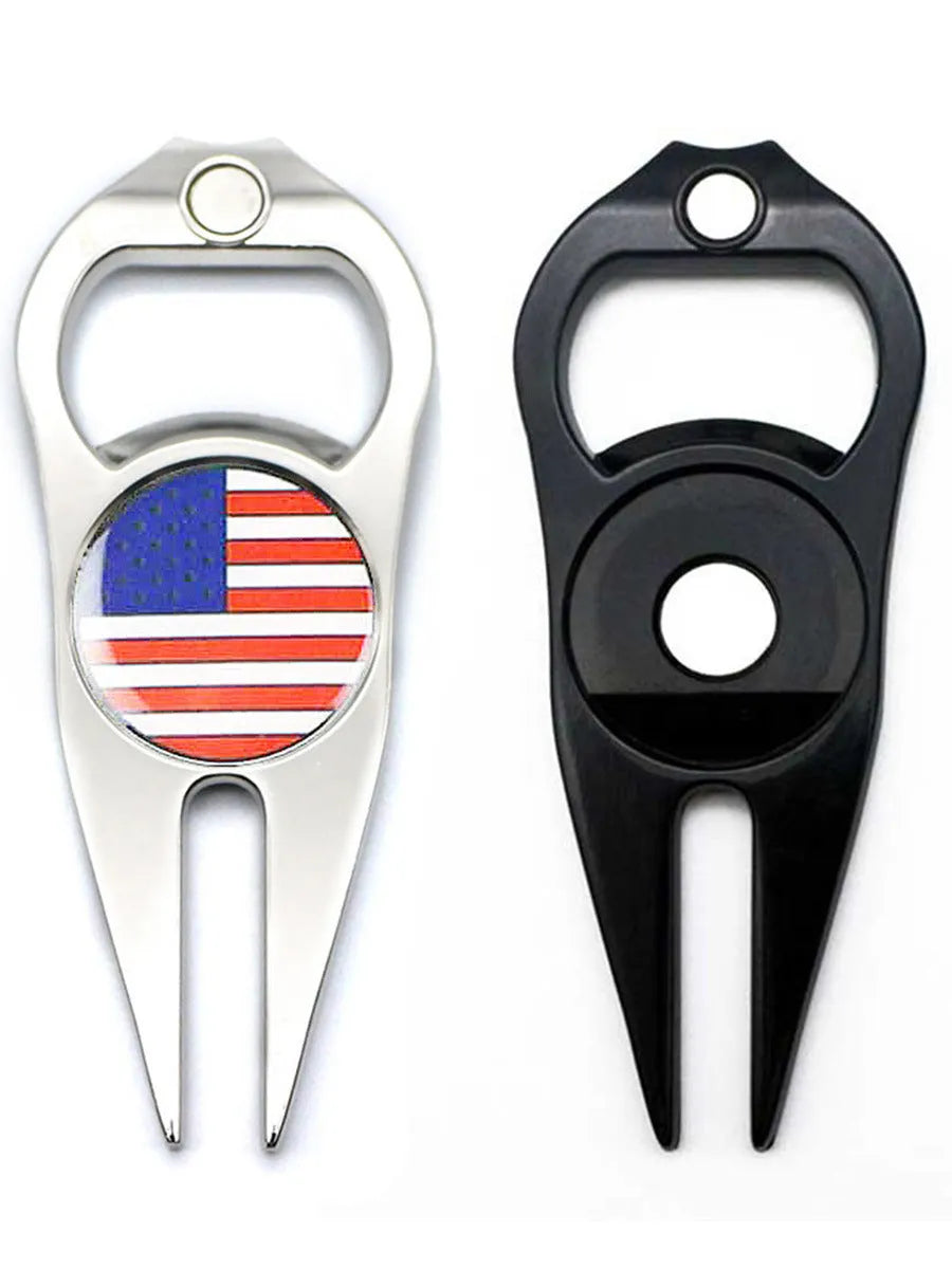 Zinc alloy golf ball yoke and bottle opener tool in black, green, or silver finish.