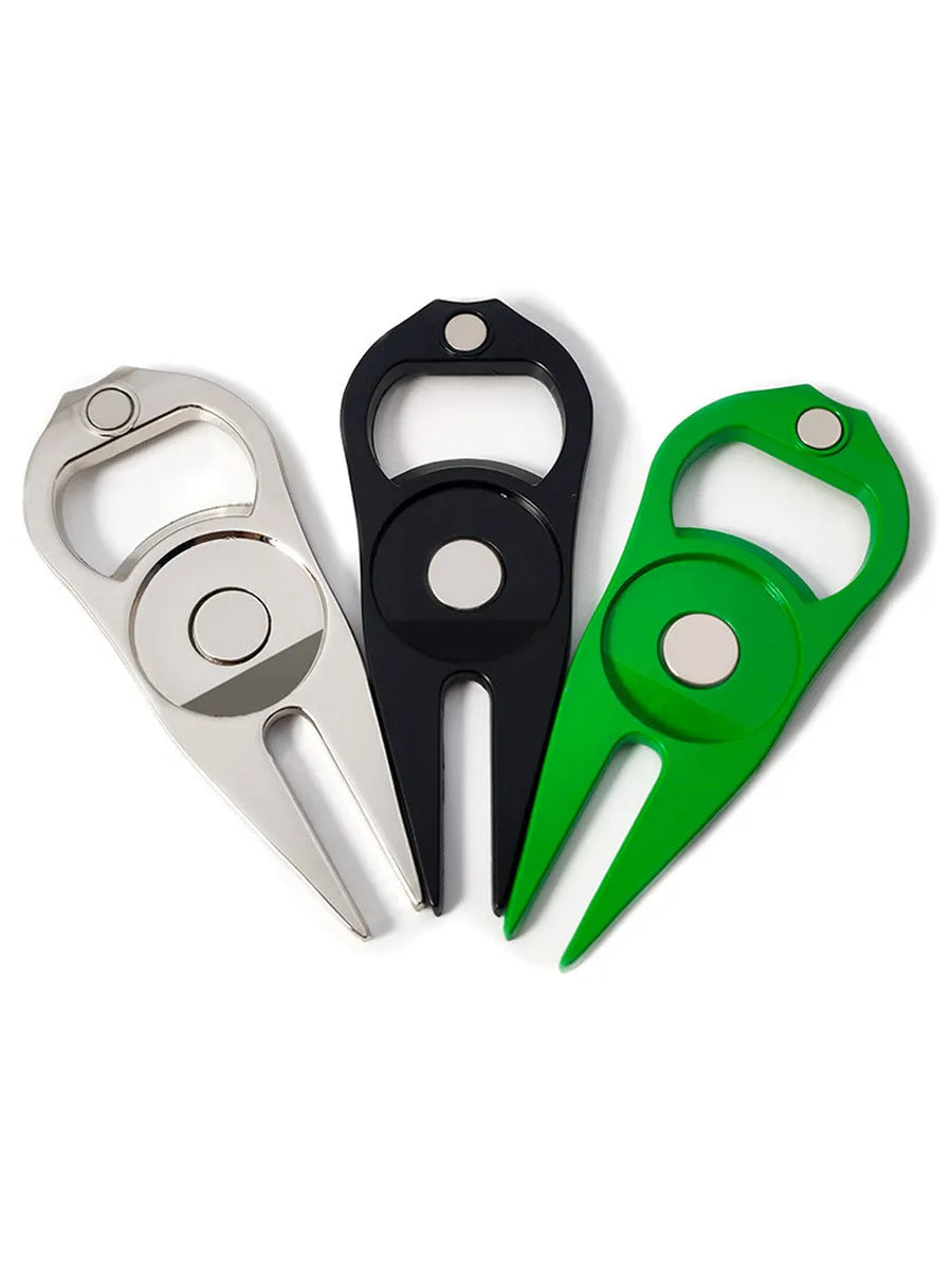 Zinc alloy golf ball yoke and bottle opener tool in black, green, or silver finish.