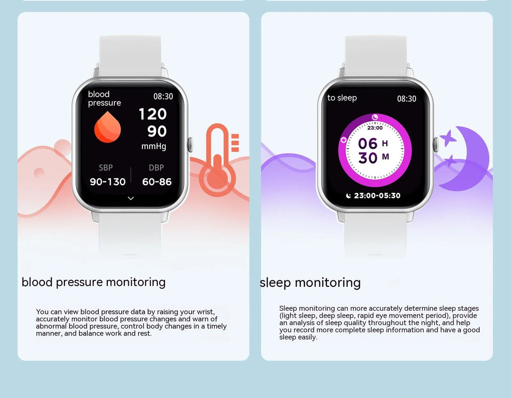 Bluetooth smart watch on wrist showing TFT screen, available in black, pink, silver gray, or khaki.
