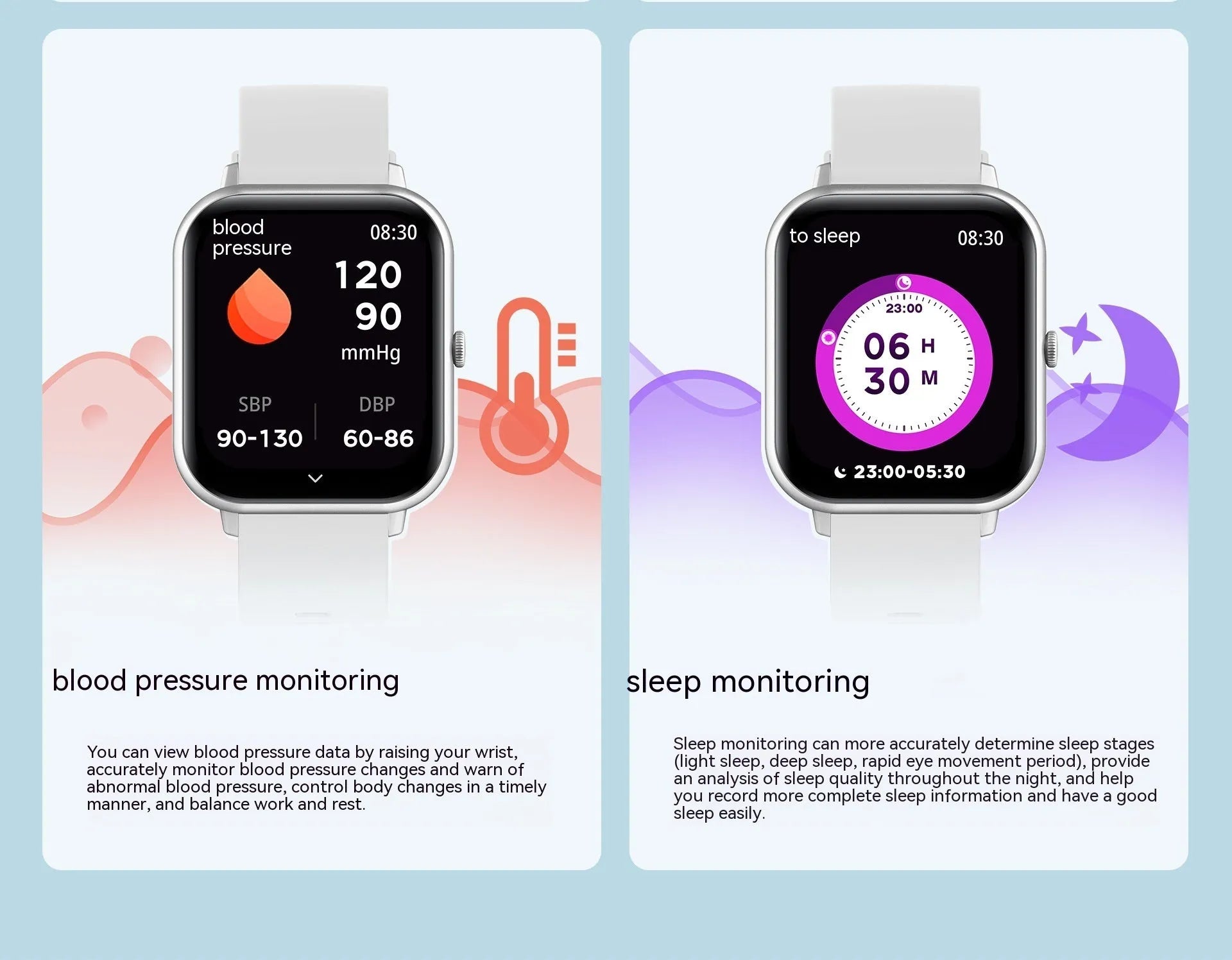 Bluetooth smart watch on wrist showing TFT screen, available in black, pink, silver gray, or khaki.
