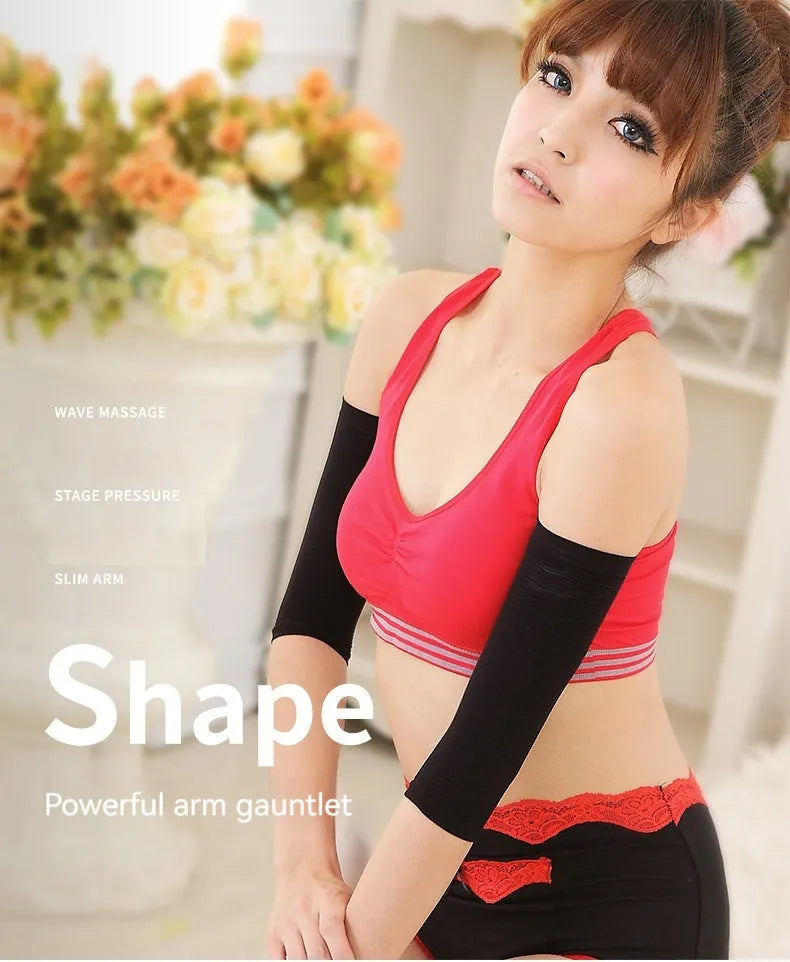 Women's black and skin tone nylon shaping arm sleeves laid flat, free size.