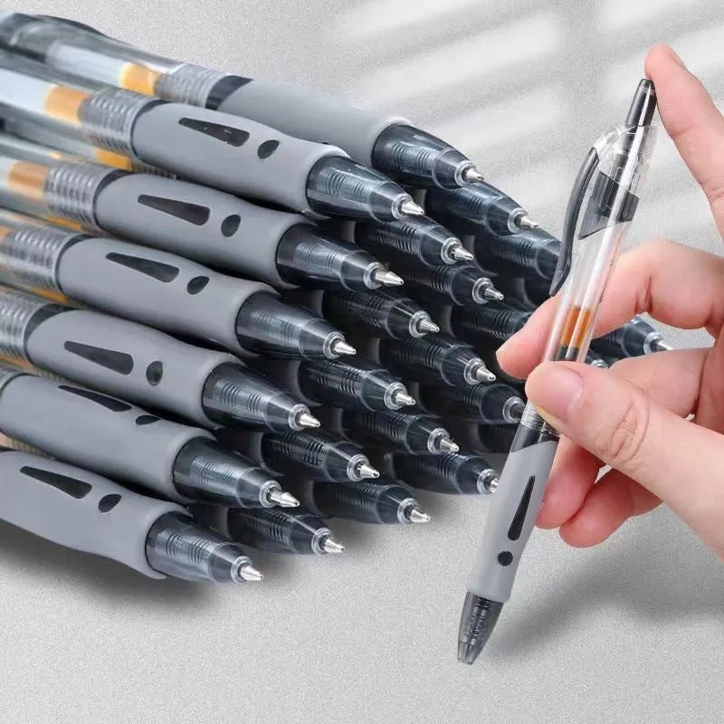 0.5mm fine tip gel pen in plastic construction with black, blue, or red refill options