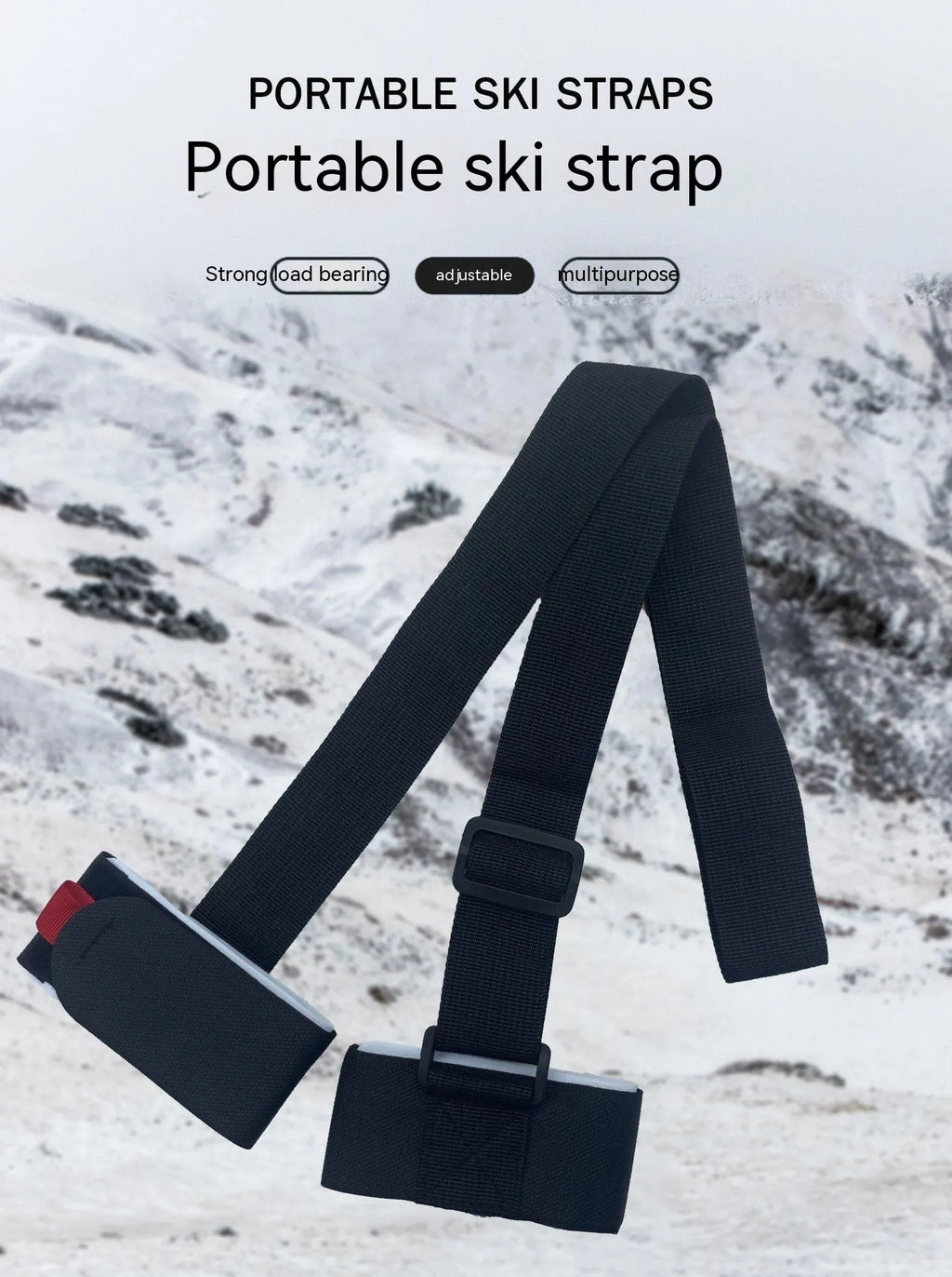Adjustable skiing bandage strap with hook and loop closure for double board transport