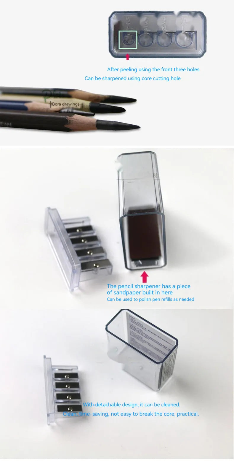 Four hole plastic pencil sharpener with geometric design and integrated screwdriver for art pencils