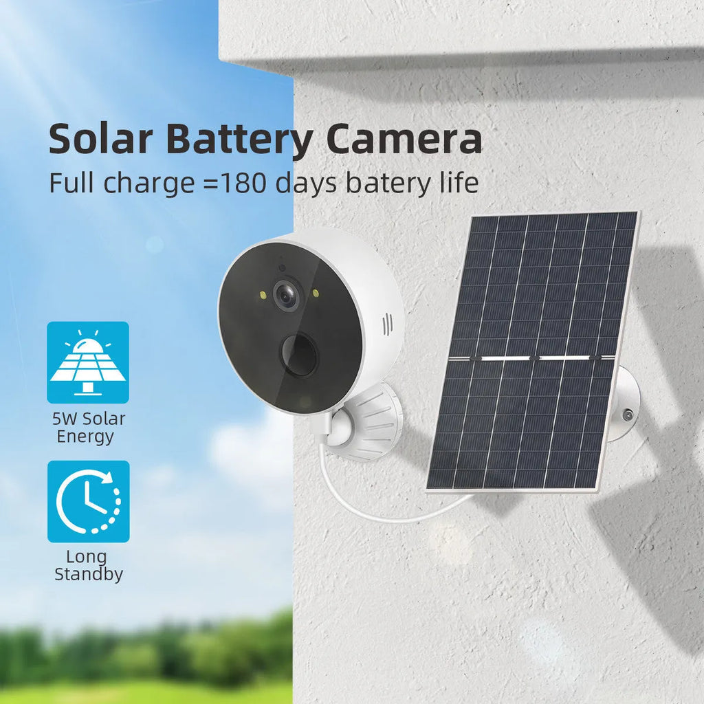 Solar-powered outdoor security camera with attached solar panel for continuous charging